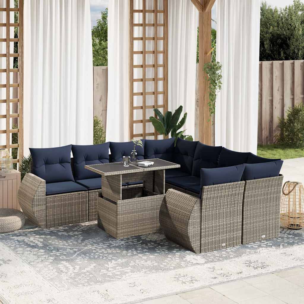 vidaXL 9-teiliges Gartensofa-Set mit Kissen, grau, Polyrattan