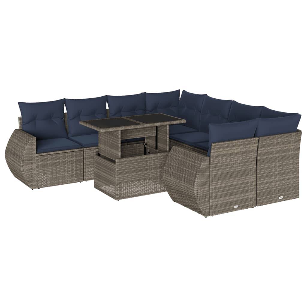 vidaXL 9-teiliges Gartensofa-Set mit Kissen, grau, Polyrattan