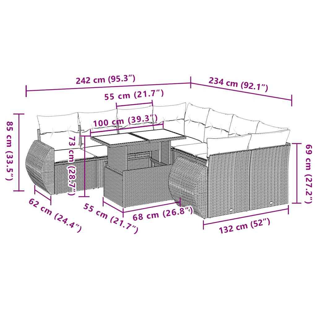 vidaXL 9-teiliges Gartensofa-Set mit Kissen, grau, Polyrattan