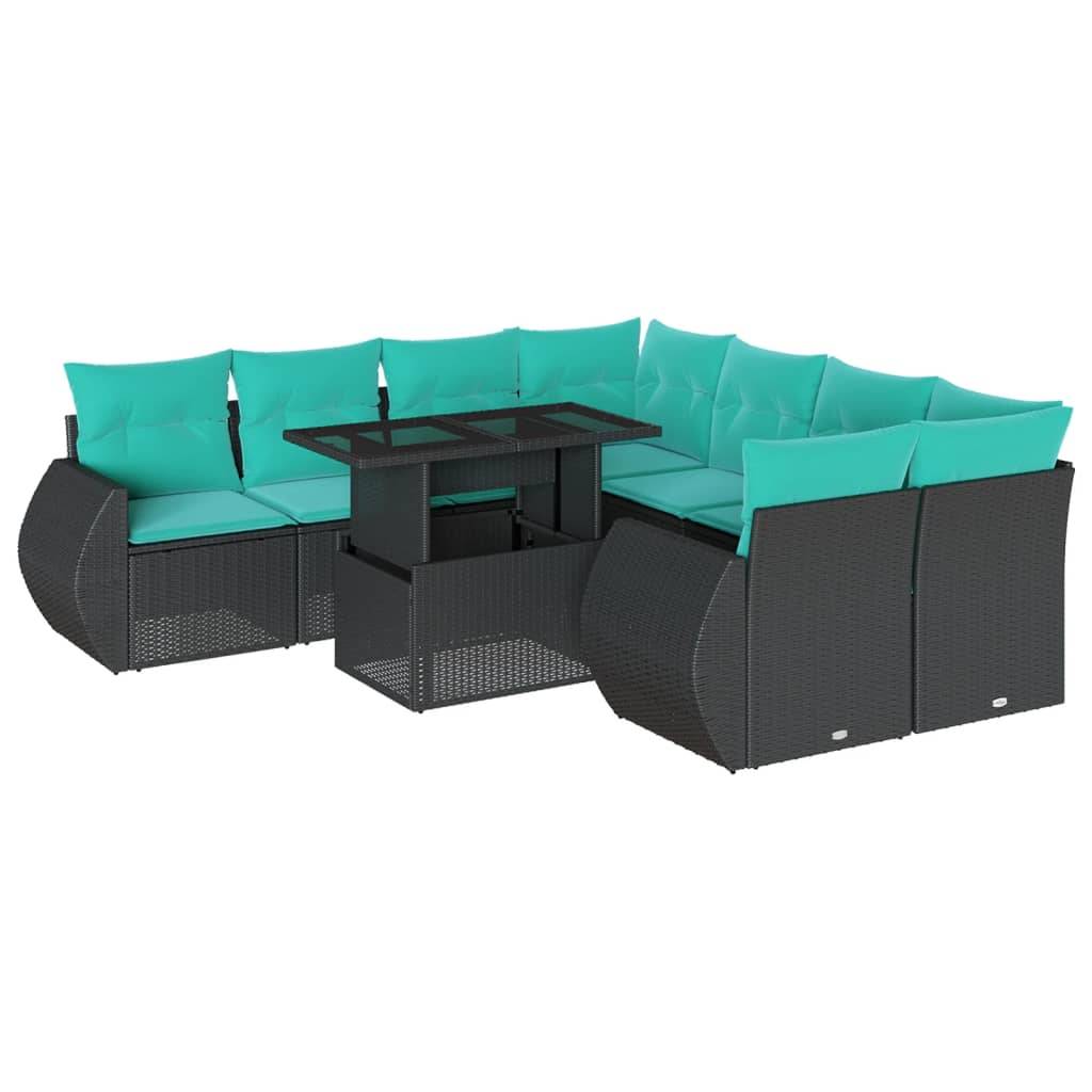 vidaXL 9-teiliges Gartensofa-Set mit Kissen, schwarzes Polyrattan