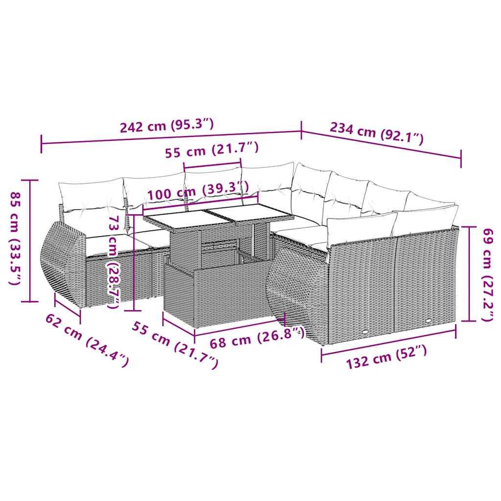 vidaXL 9-teiliges Gartensofa-Set mit Kissen, schwarzes Polyrattan