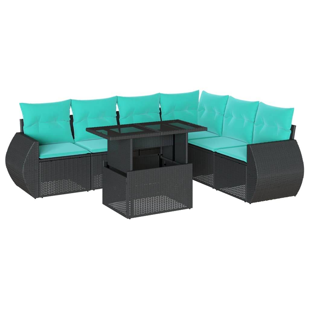 vidaXL 7-teiliges Gartensofa-Set mit Kissen, schwarzes Polyrattan