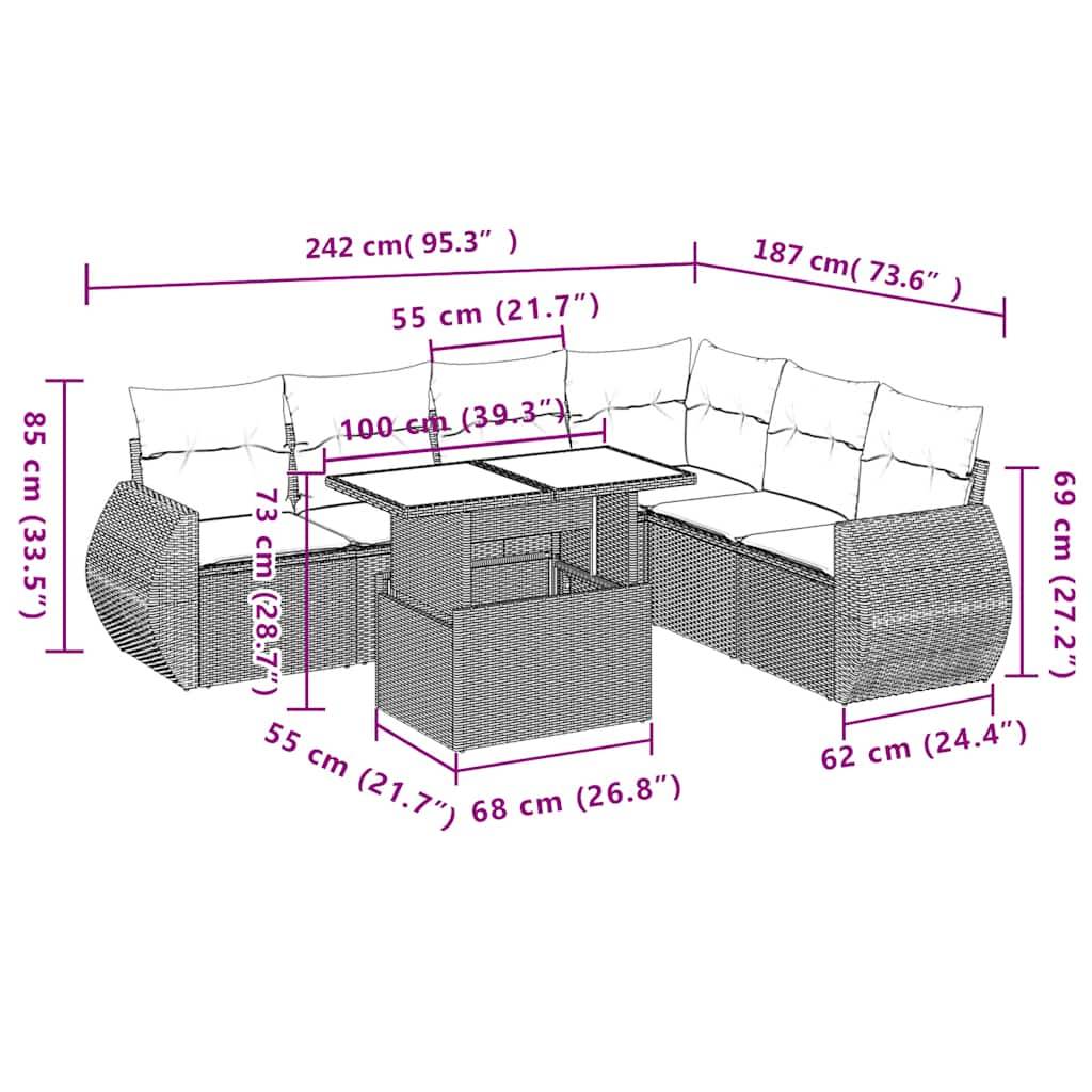vidaXL 7-teiliges Gartensofa-Set mit Kissen, schwarzes Polyrattan