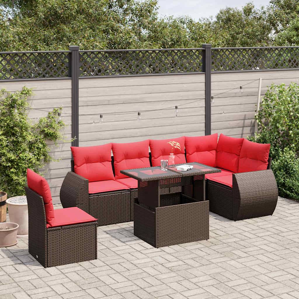 vidaXL 7-teiliges Gartensofa-Set mit Kissen, braun, Polyrattan