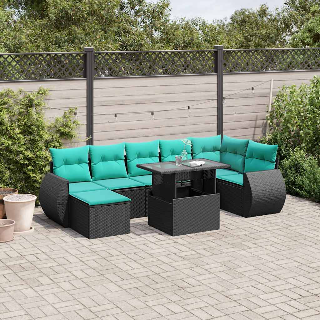 vidaXL 8-teiliges Gartensofa-Set mit Kissen, schwarzes Polyrattan