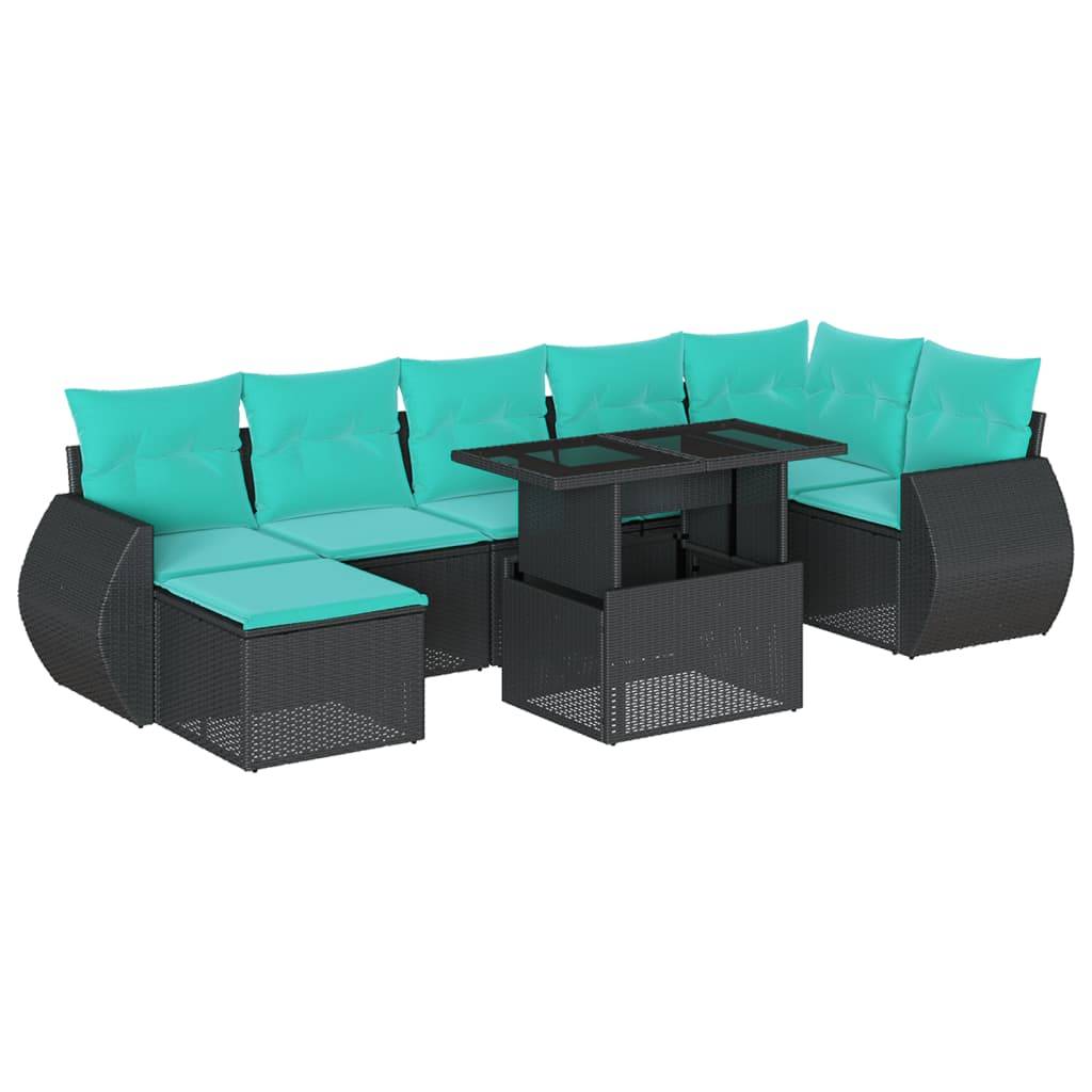 vidaXL 8-teiliges Gartensofa-Set mit Kissen, schwarzes Polyrattan