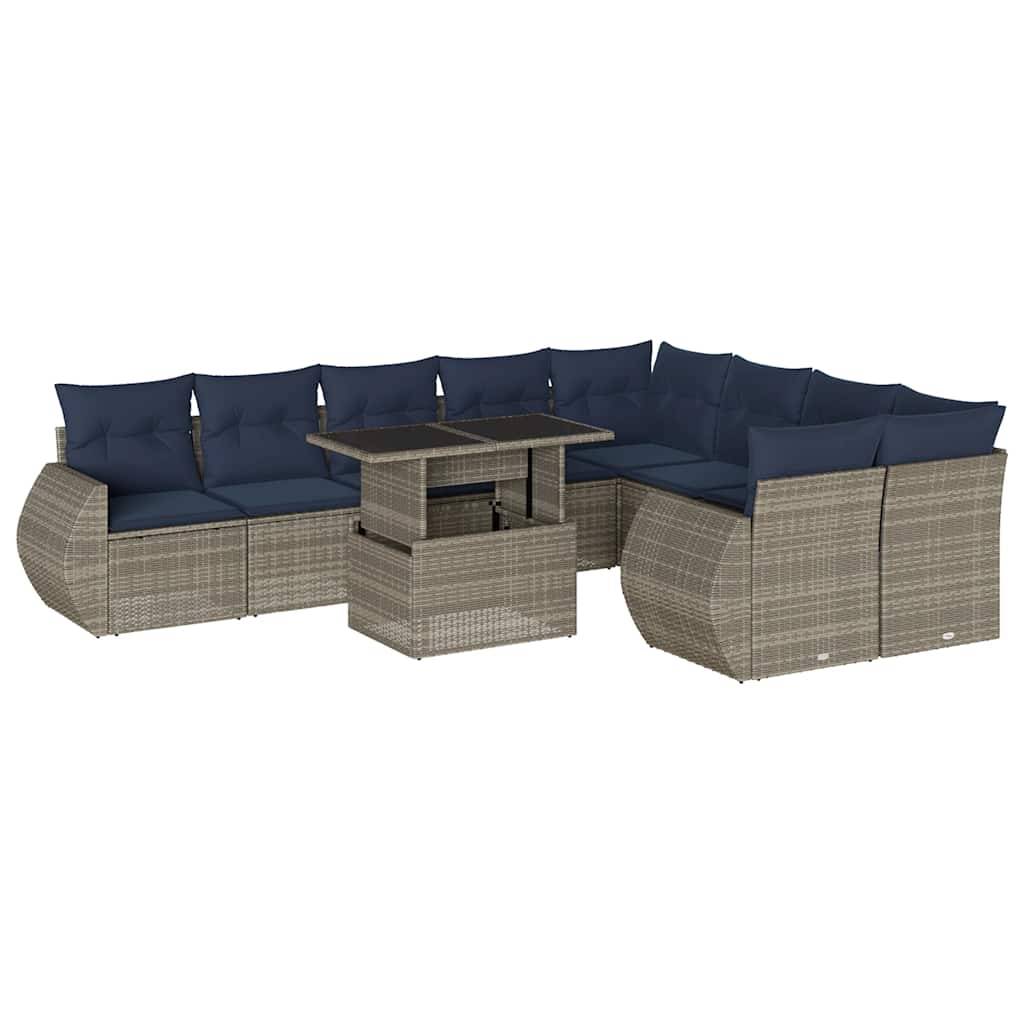 vidaXL 10-teiliges Gartensofa-Set mit Kissen, grau, Polyrattan