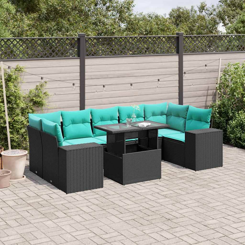 vidaXL 8-teiliges Gartensofa-Set mit Kissen, schwarzes Polyrattan