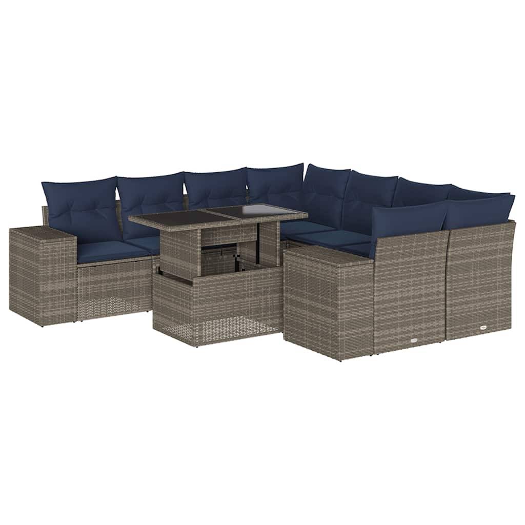 vidaXL 9-teiliges Gartensofa-Set mit Kissen, grau, Polyrattan
