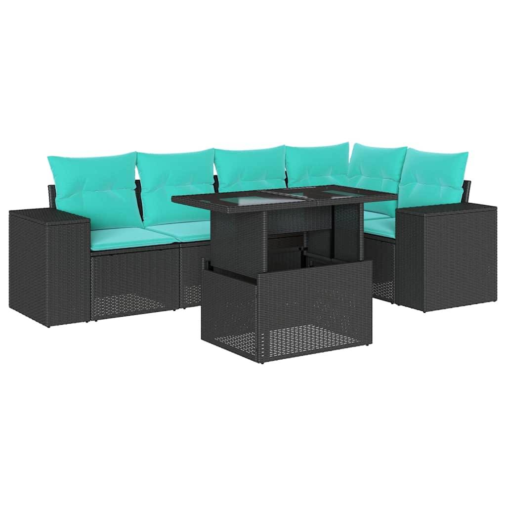 vidaXL 6-teiliges Gartensofa-Set mit Kissen, schwarzes Polyrattan