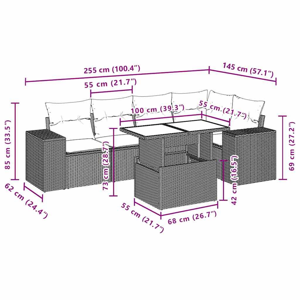 vidaXL 6-teiliges Gartensofa-Set mit Kissen, grau, Polyrattan