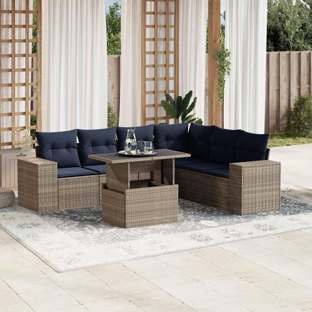 vidaXL 7-teiliges Gartensofa-Set mit Kissen, grau, Polyrattan