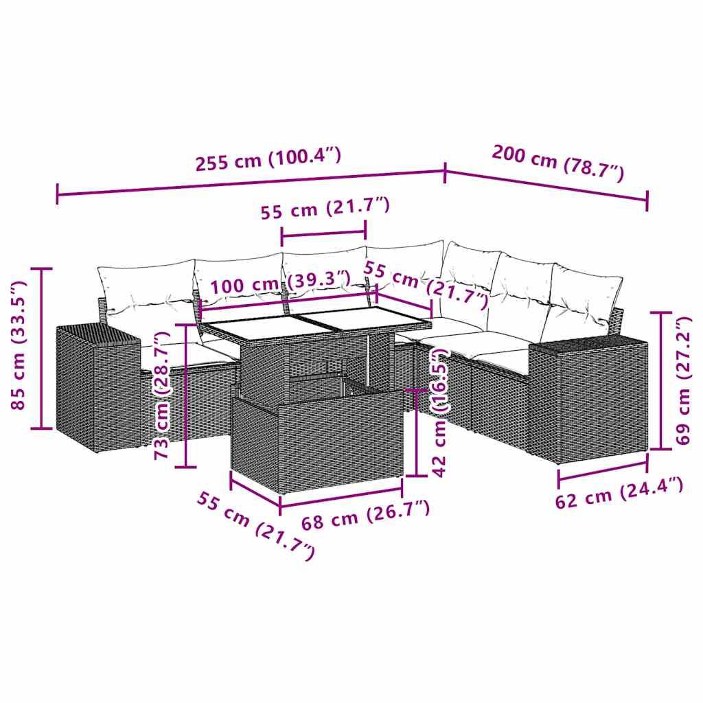 vidaXL 7-teiliges Gartensofa-Set mit Kissen, grau, Polyrattan