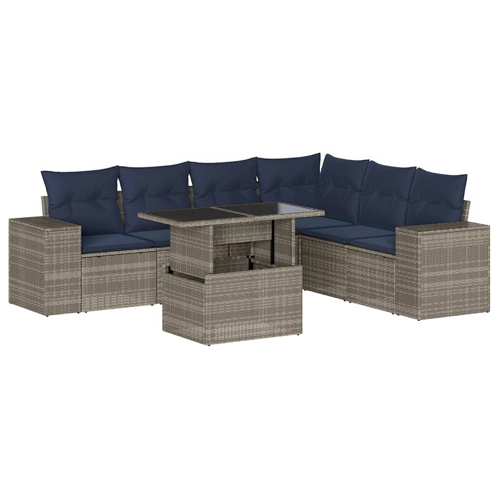 vidaXL 7-teiliges Gartensofa-Set mit Kissen, grau, Polyrattan
