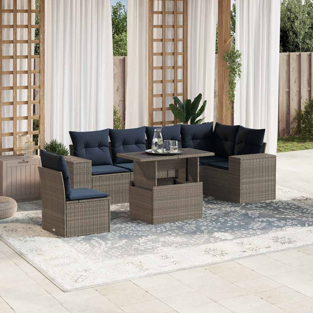 vidaXL 7-teiliges Gartensofa-Set mit Kissen, grau, Polyrattan