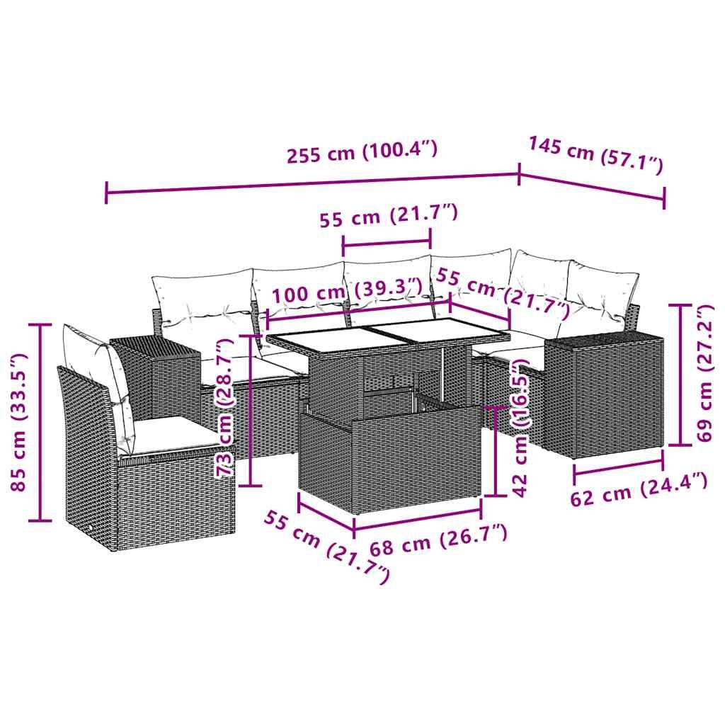 vidaXL 7-teiliges Gartensofa-Set mit Kissen, grau, Polyrattan