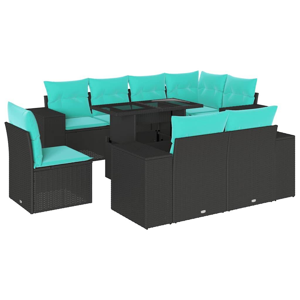 vidaXL 9-teiliges Gartensofa-Set mit Kissen, schwarzes Polyrattan