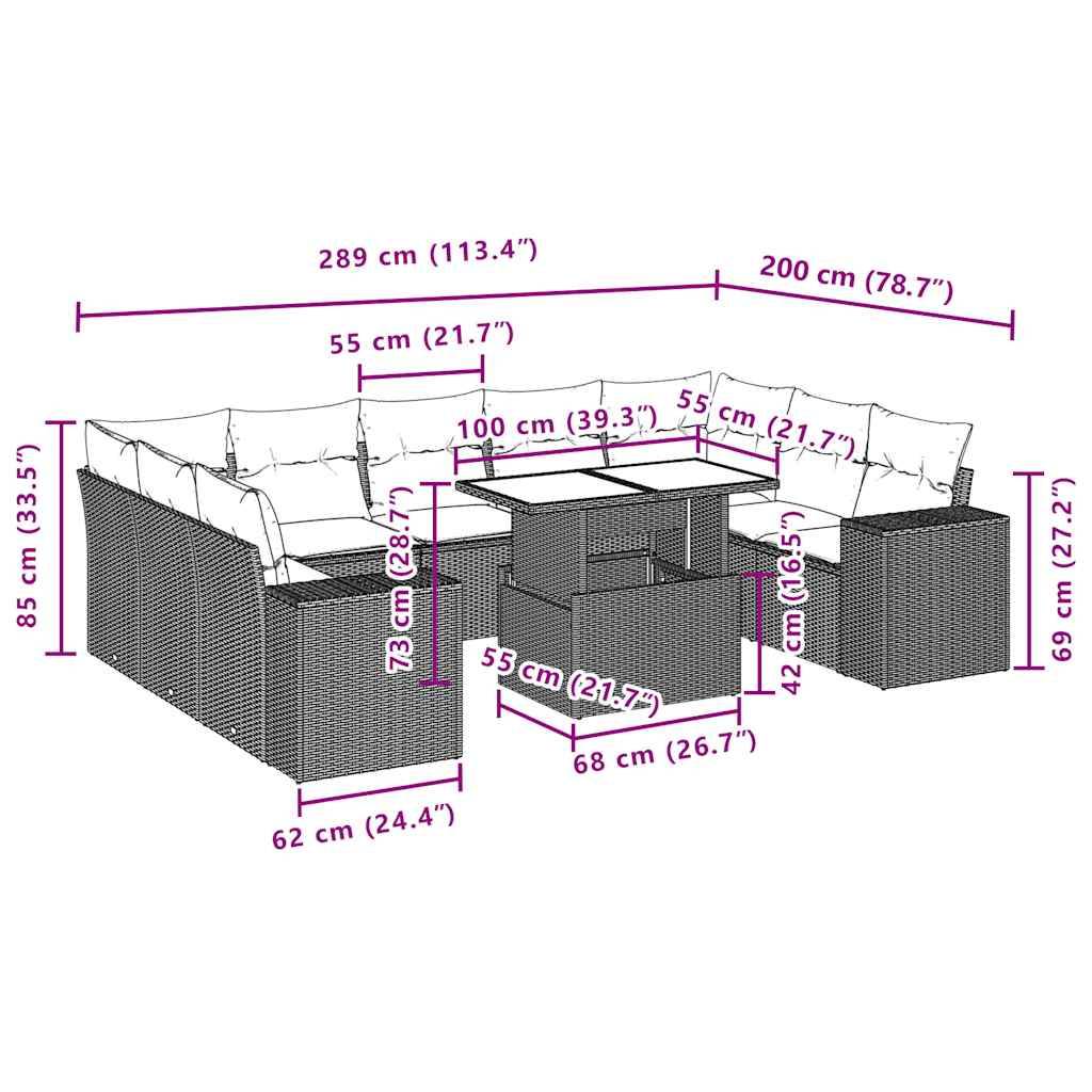 vidaXL 10-teiliges Gartensofa-Set mit Kissen, schwarzes Polyrattan