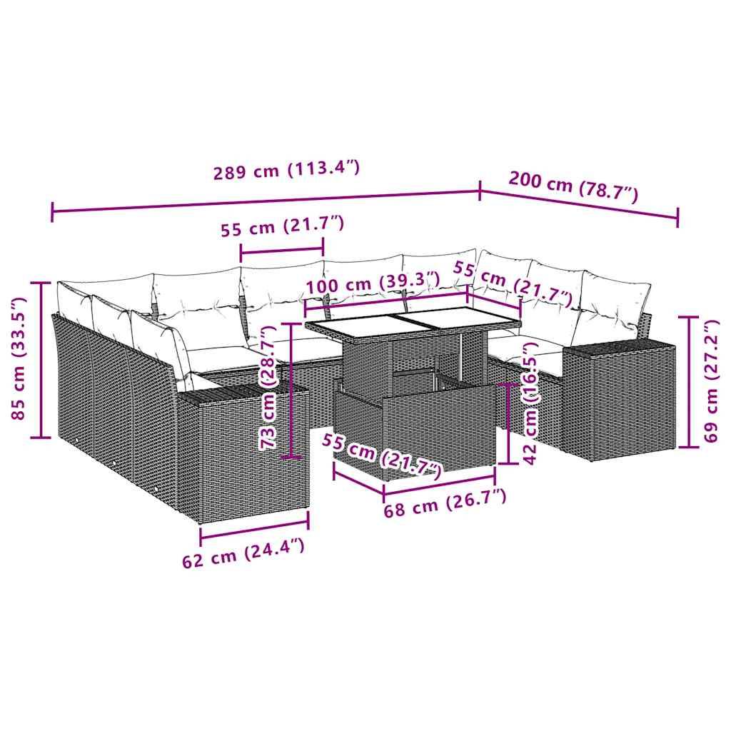 vidaXL 10-teiliges Gartensofa-Set mit Kissen, grau, Polyrattan
