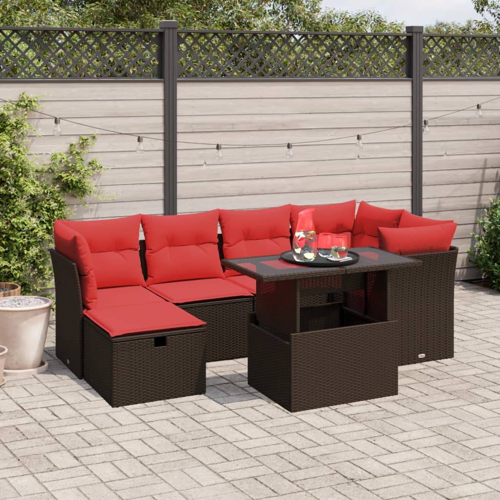 vidaXL 7-teiliges Gartensofa-Set mit Kissen, braun, Polyrattan