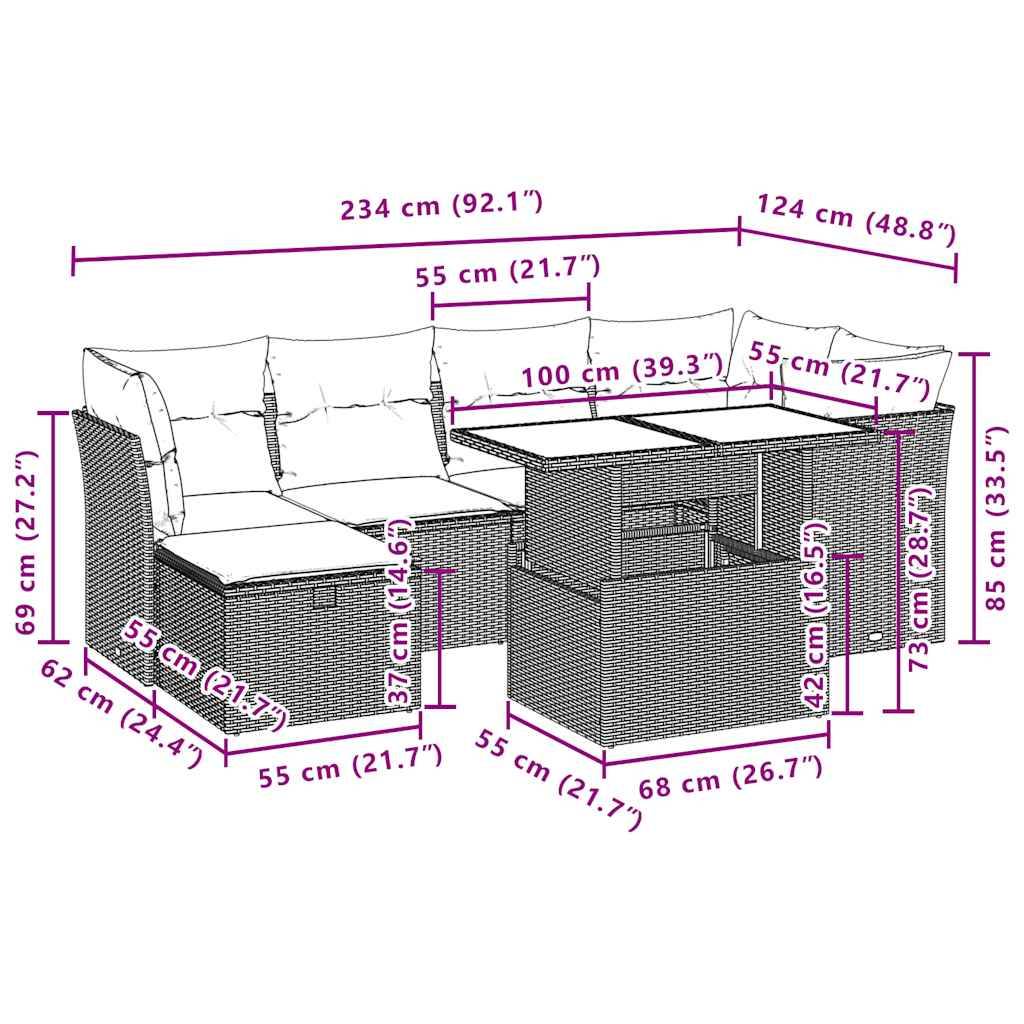 vidaXL 7-teiliges Gartensofa-Set mit Kissen, braun, Polyrattan