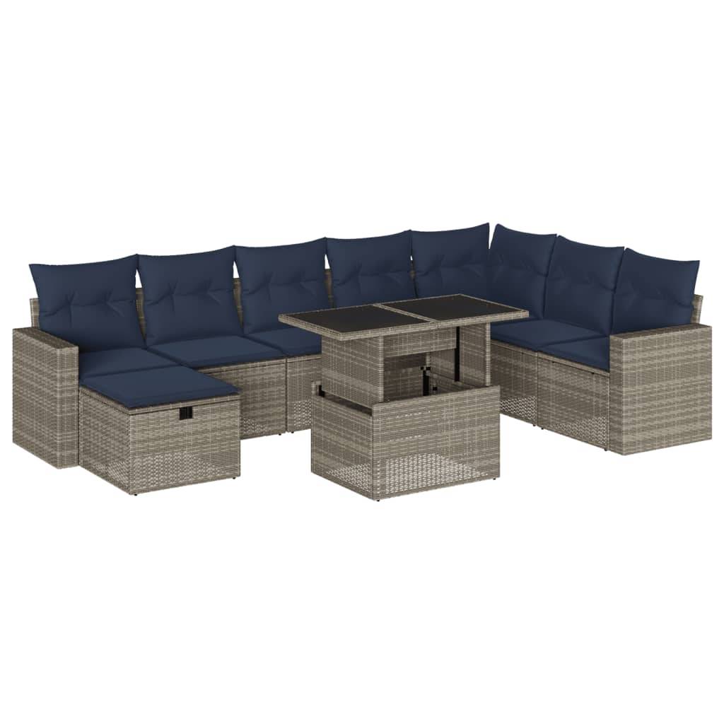 vidaXL 9-teiliges Gartensofa-Set mit Kissen, grau, Polyrattan