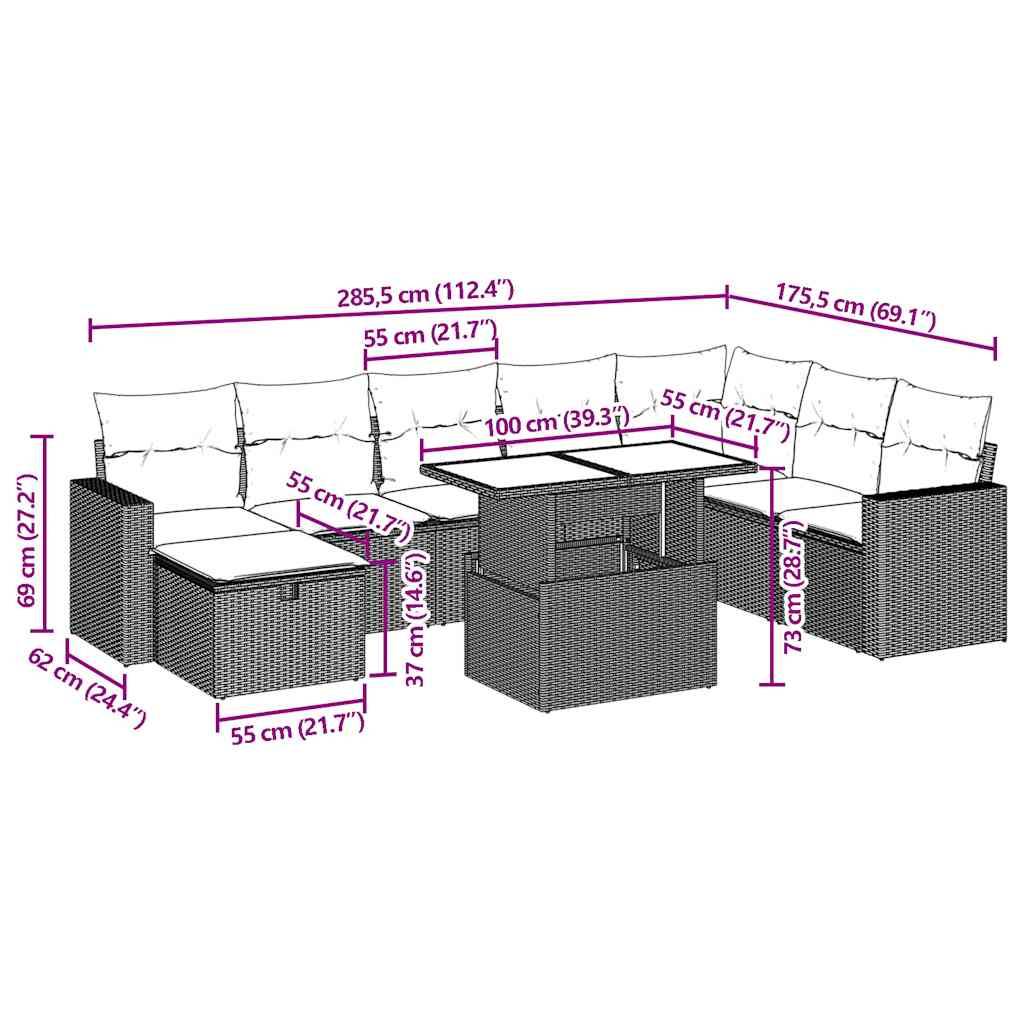 vidaXL 9-teiliges Gartensofa-Set mit Kissen, grau, Polyrattan
