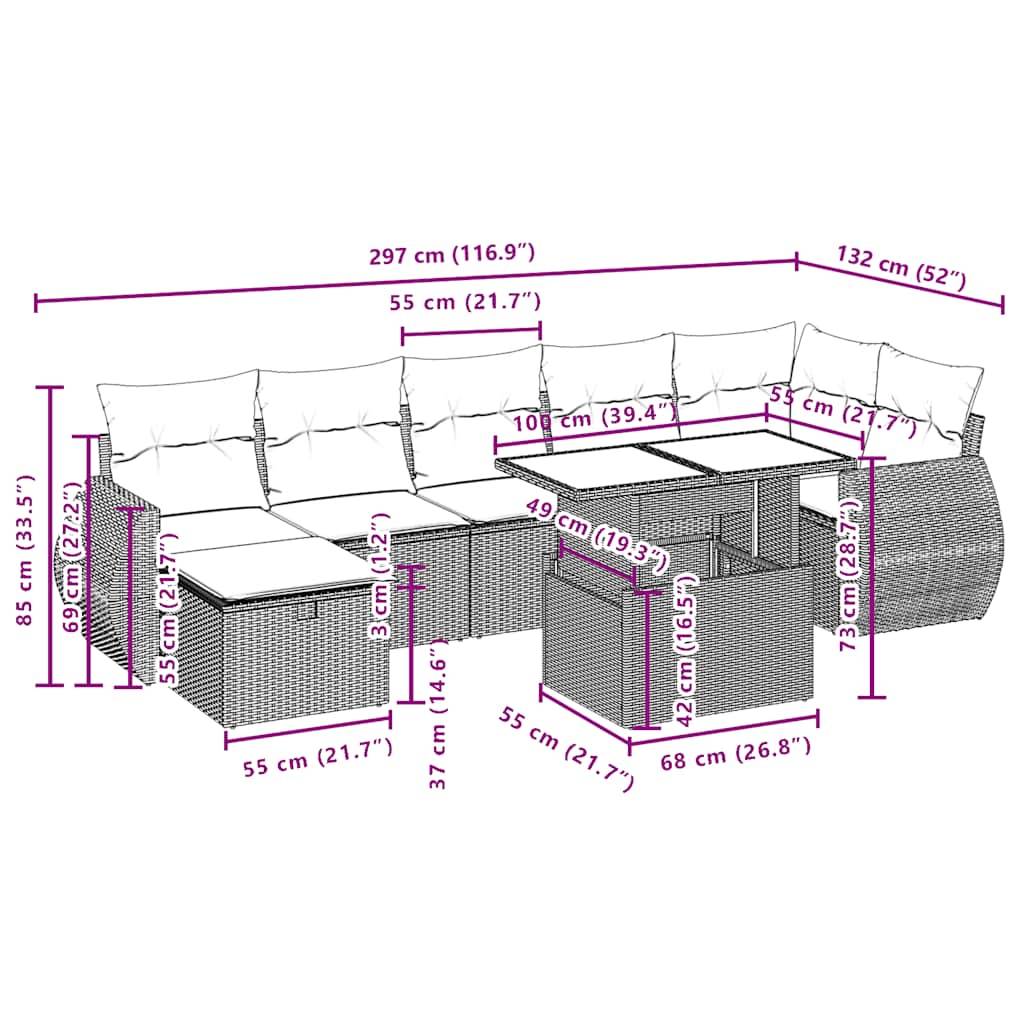 vidaXL 8-teiliges Gartensofa-Set mit Kissen, schwarzes Polyrattan