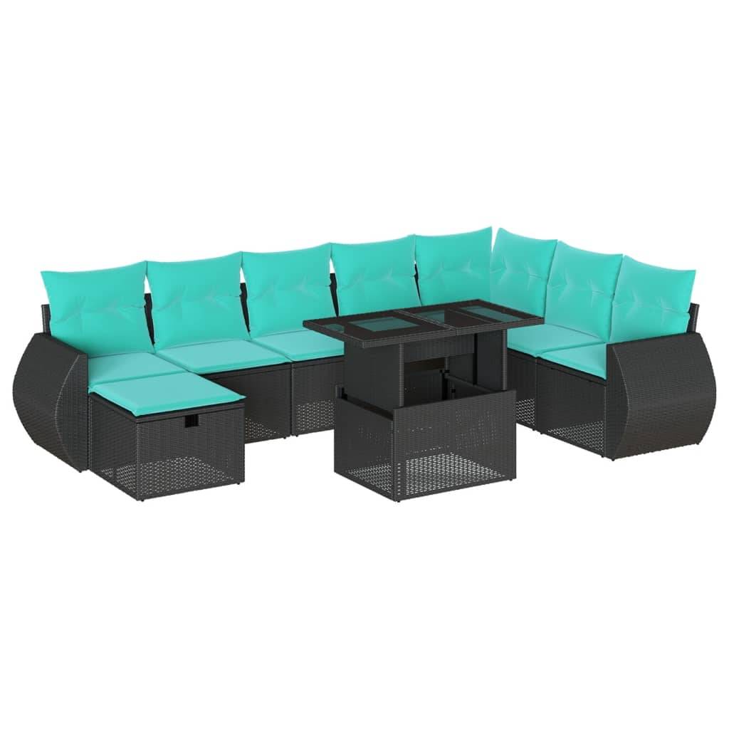 vidaXL 9-teiliges Gartensofa-Set mit Kissen, schwarzes Polyrattan