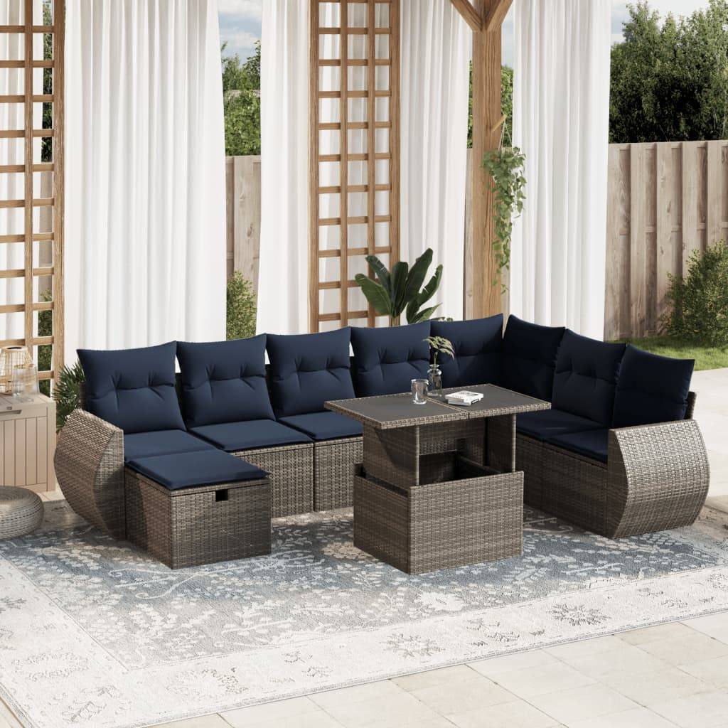 vidaXL 9-teiliges Gartensofa-Set mit Kissen, grau, Polyrattan