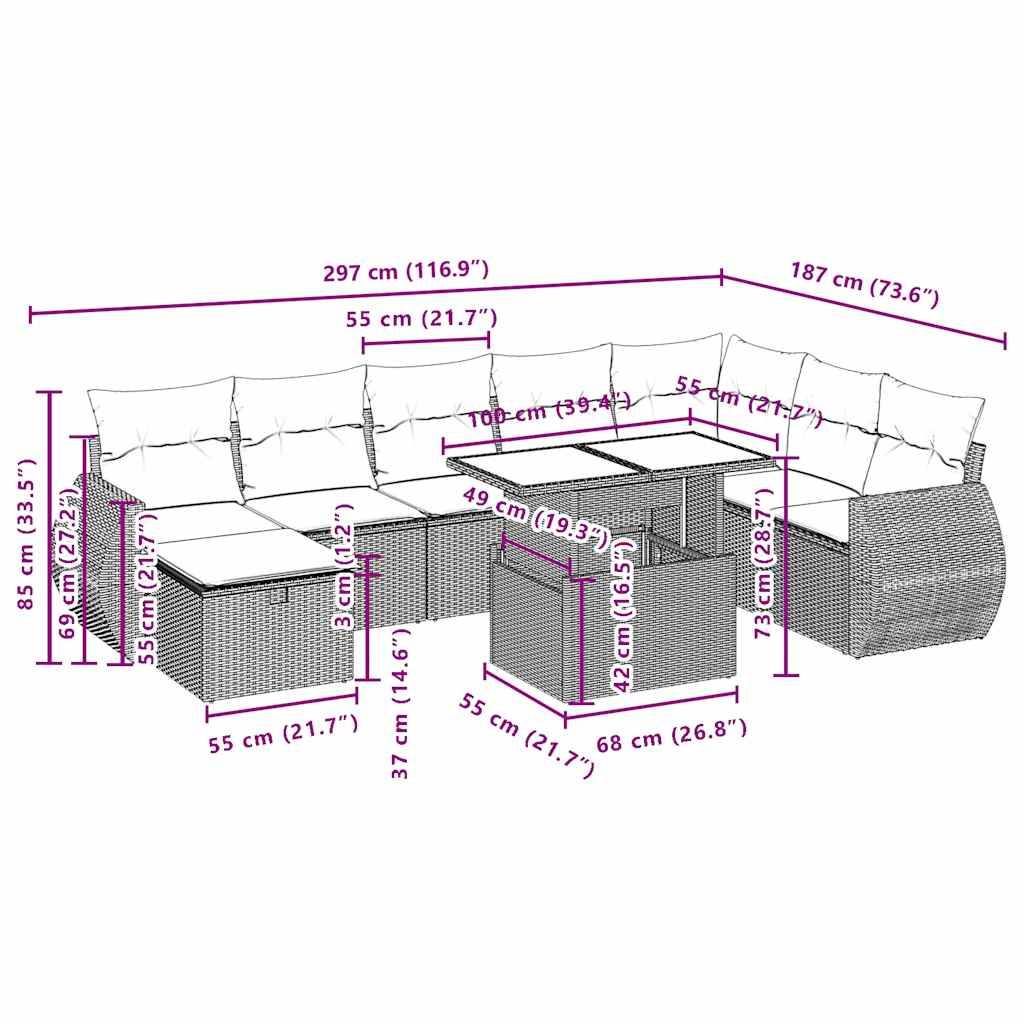vidaXL 9-teiliges Gartensofa-Set mit Kissen, grau, Polyrattan