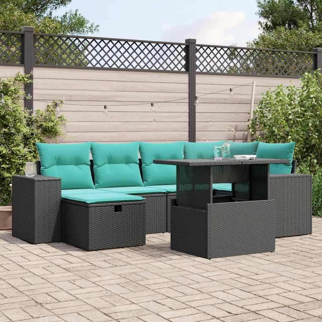 vidaXL 7-teiliges Gartensofa-Set mit Kissen, schwarzes Polyrattan