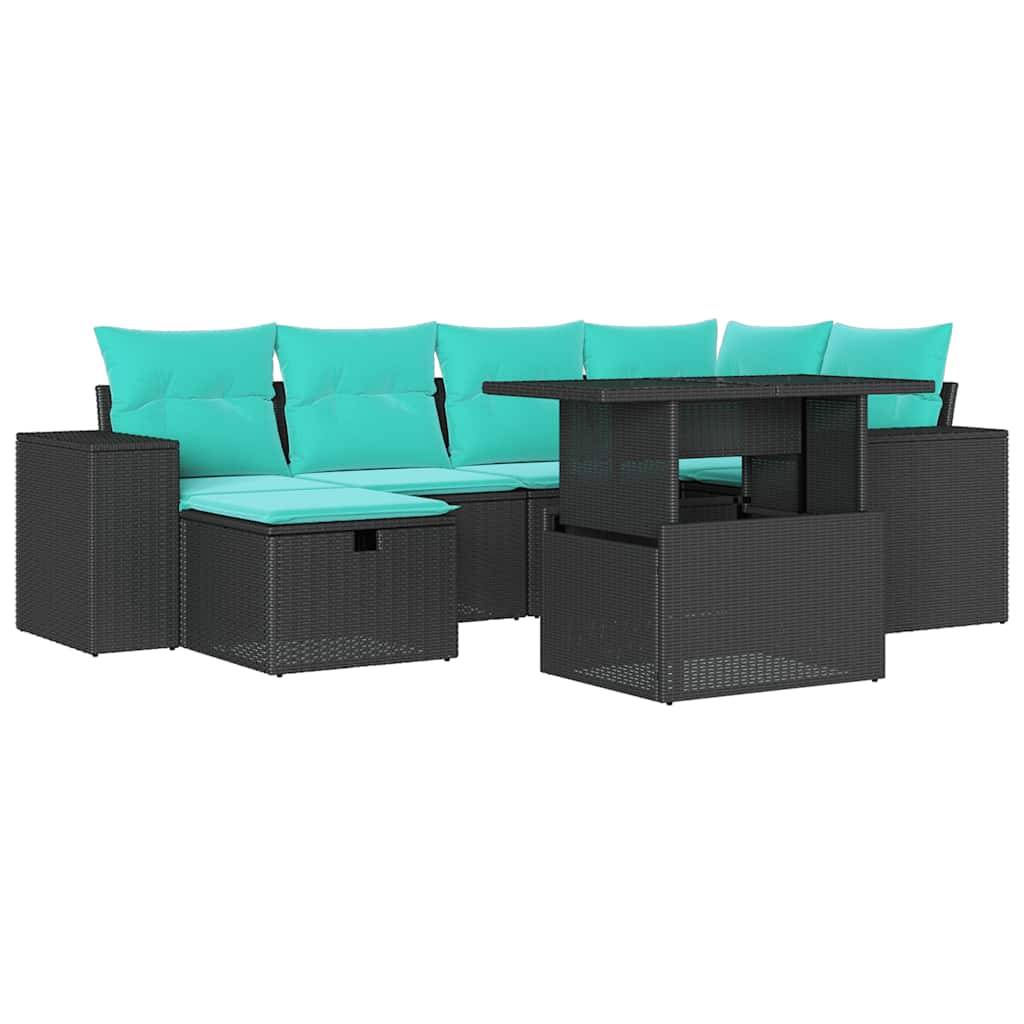 vidaXL 7-teiliges Gartensofa-Set mit Kissen, schwarzes Polyrattan