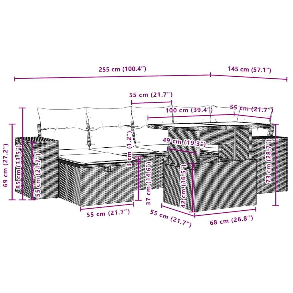 vidaXL 7-teiliges Gartensofa-Set mit Kissen, schwarzes Polyrattan