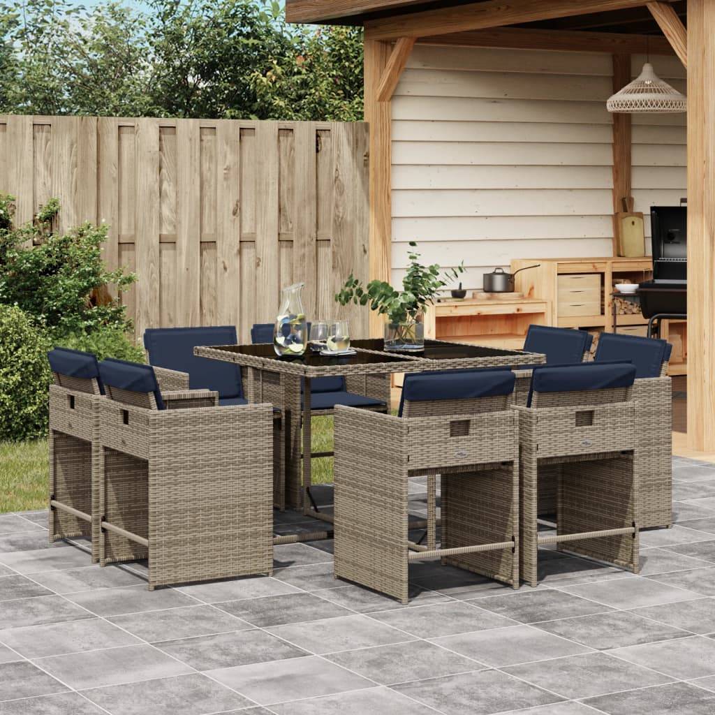 vidaXL 9-teiliges Garten-Ess-Set mit Kissen, grau, Polyrattan