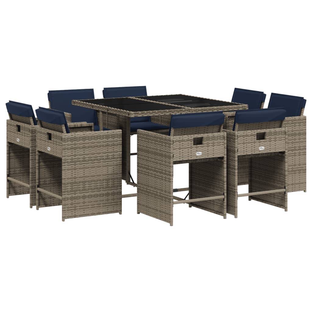 vidaXL 9-teiliges Garten-Ess-Set mit Kissen, grau, Polyrattan