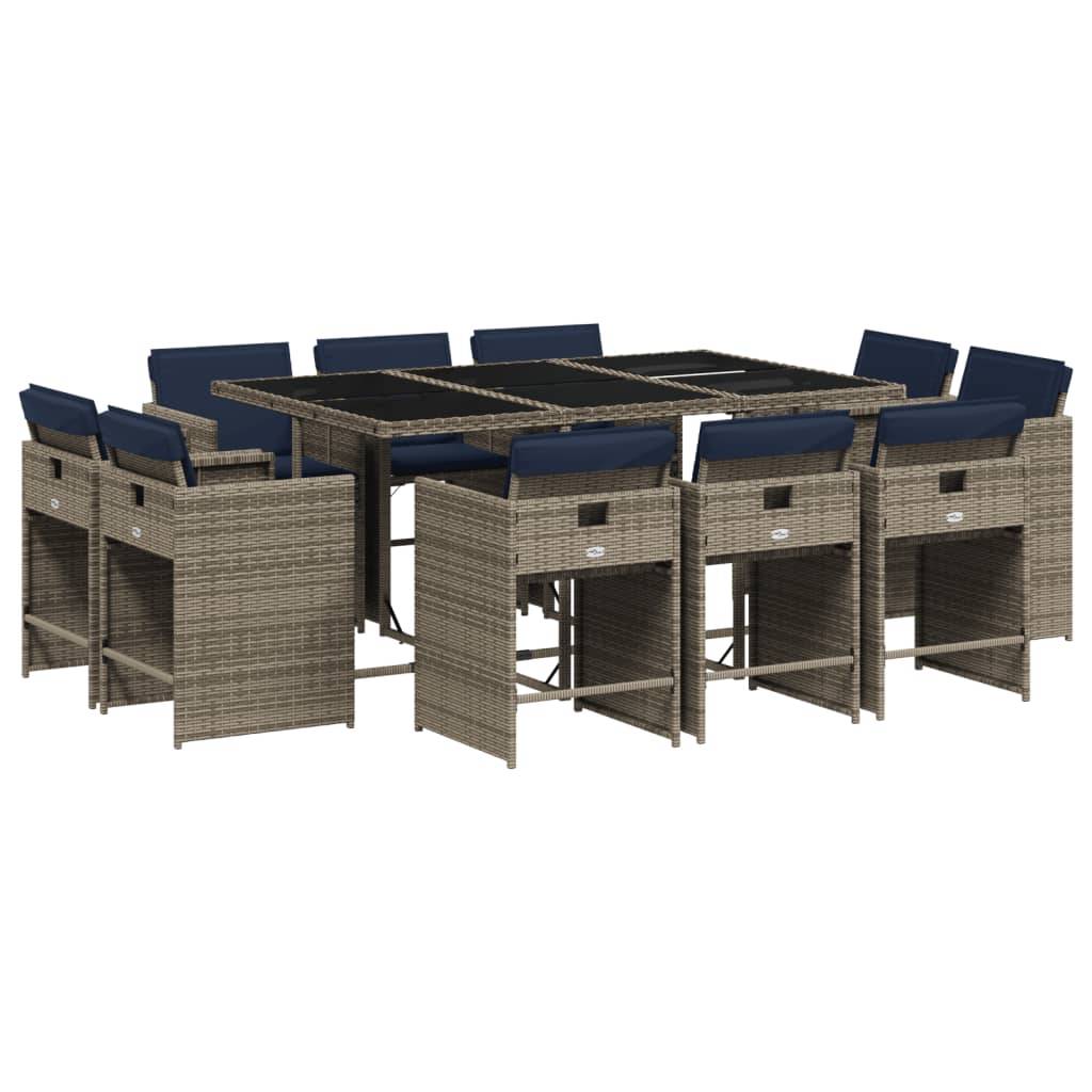 vidaXL 11-teiliges Garten-Ess-Set mit Kissen, grau, Polyrattan