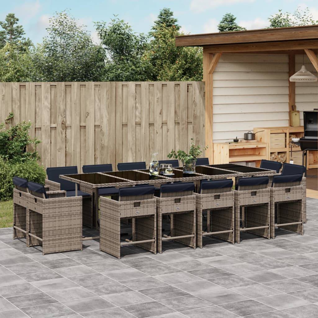 vidaXL 15-teiliges Garten-Ess-Set mit Kissen, grau, Polyrattan
