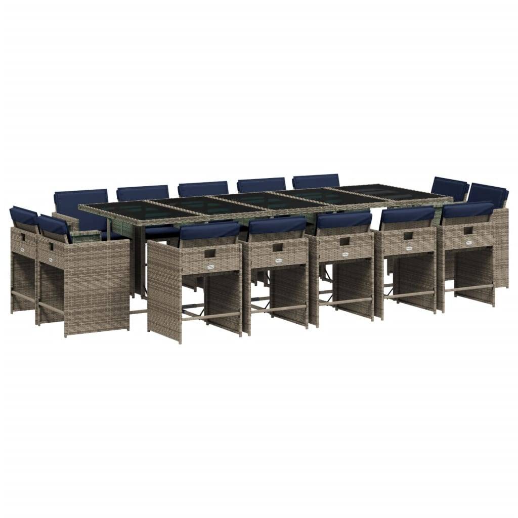 vidaXL 15-teiliges Garten-Ess-Set mit Kissen, grau, Polyrattan