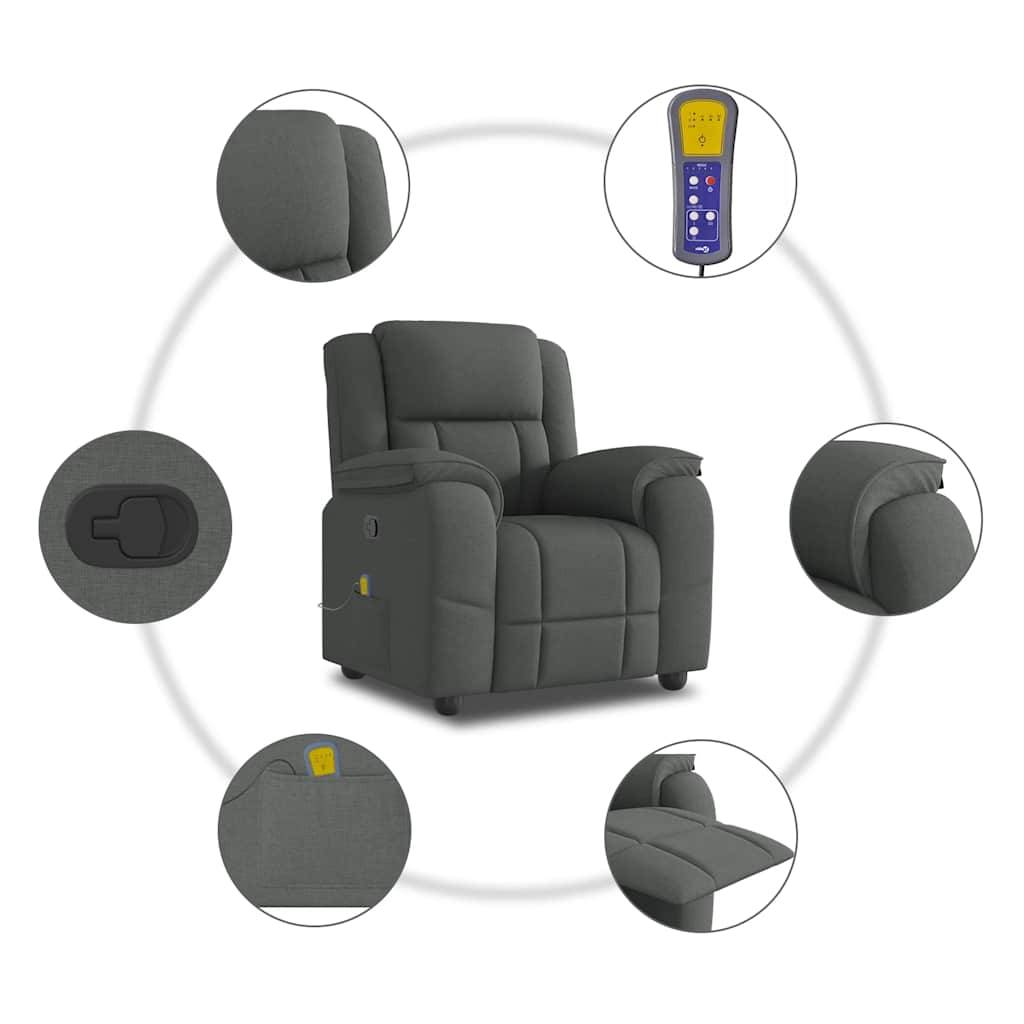 Grauer Relaxsessel mit Fernbedienung. Ausstattungsmerkmale umfassen Massage, USB-Anschluss, Getränkehalter und gepolsterte Armlehnen.