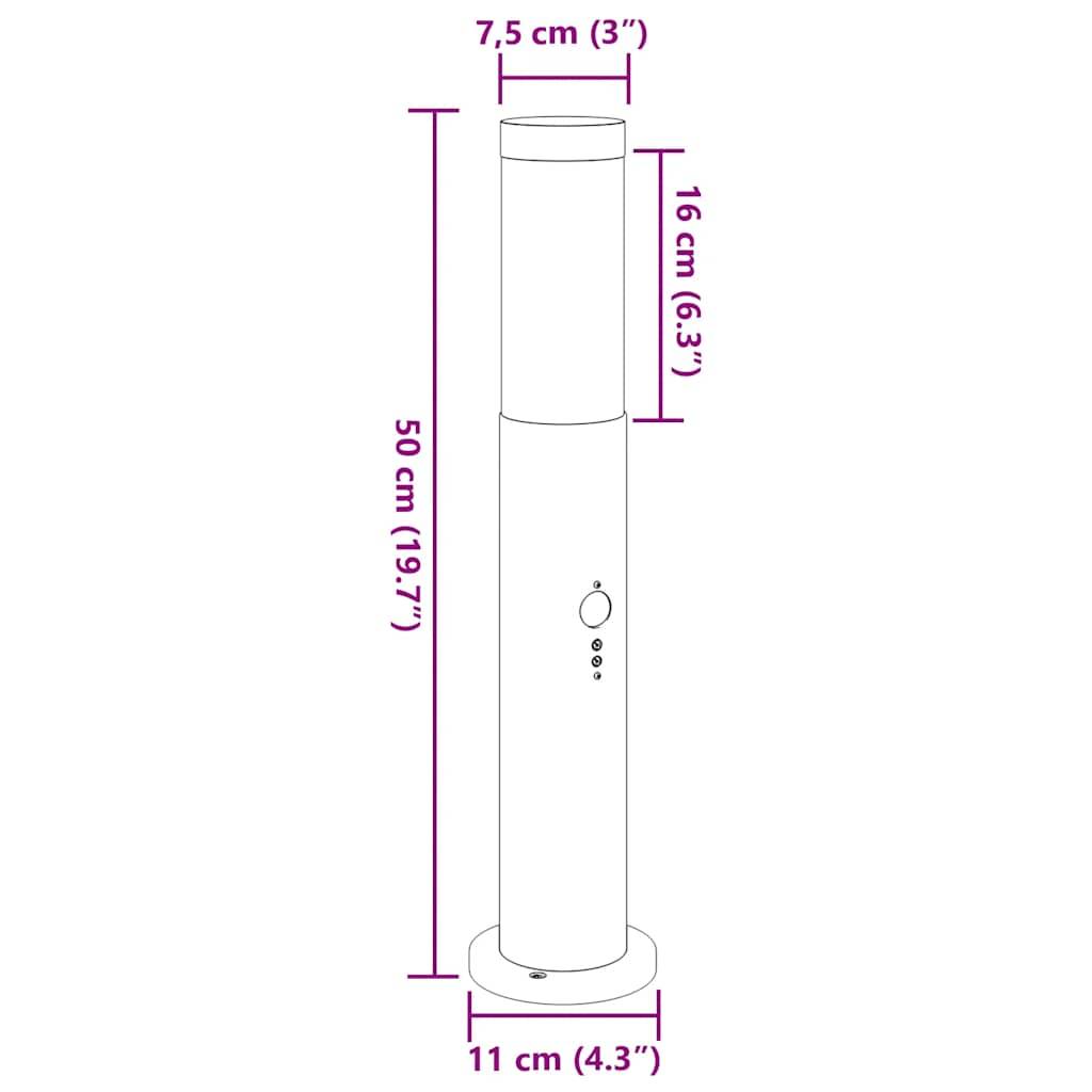 Eine Linienzeichnung eines zylindrischen Objekts mit beschrifteten Dimensionen: Höhe 50 cm (19,7