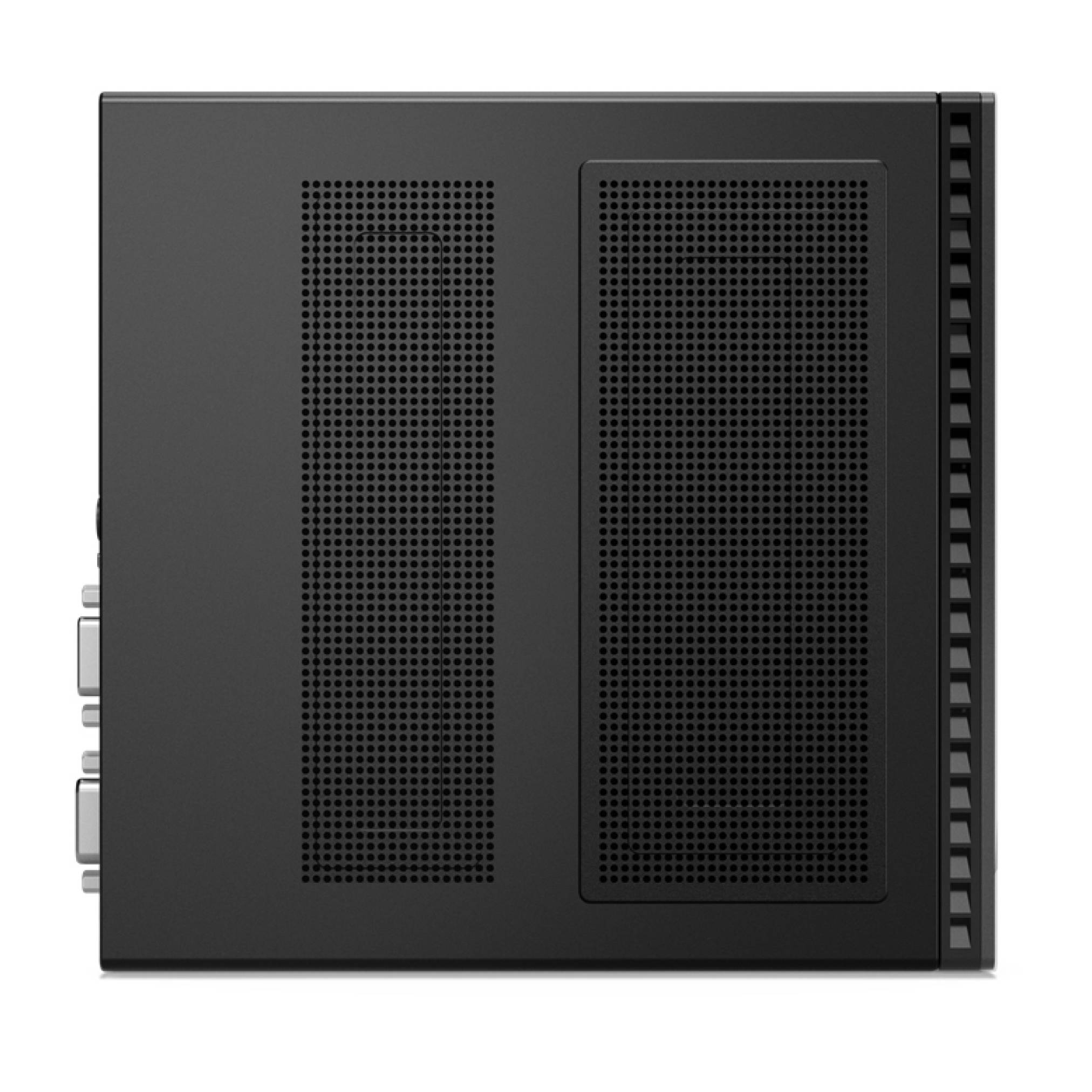 Schwarzes rechteckiges elektronisches Gerät von oben dargestellt, mit zwei perforierten Lüftungspaneelen und Seitensteckern, vermutlich eine kompakte Computer- oder Serverkomponente.