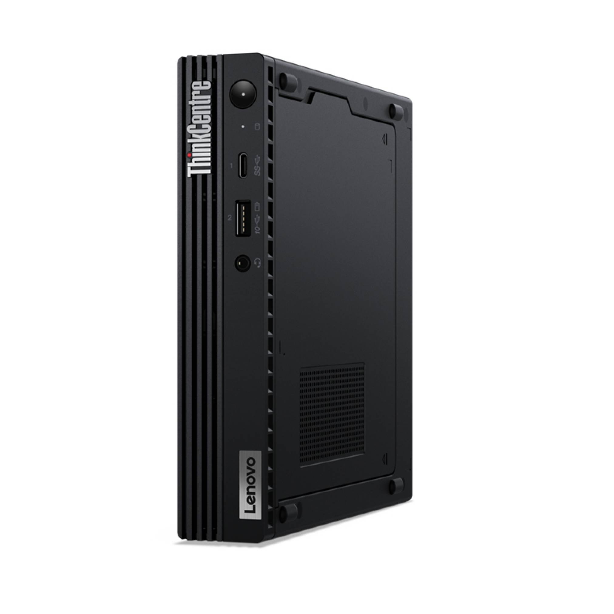 Schwarzer Lenovo ThinkCentre Desktop-PC-Turm aufrecht auf weißem Hintergrund gezeigt, mit sichtbaren vorderen Anschlüssen und seitlichem Belüftungspanel.