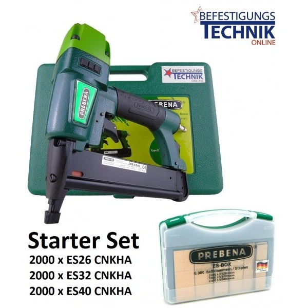 Prebena Starter Set Druckluftnagler 2XR ES40 15-40mm + ES Box 6000 Heftklammern KL-17 Prebena Starter Set Druckluftnagler 2XR ES40 15-40mm + ES Box 6000 Heftklammern KL-17