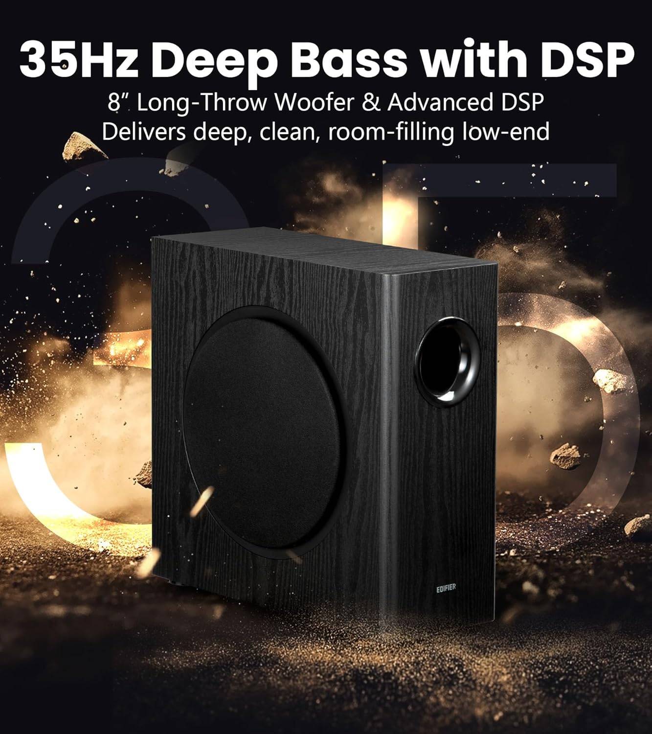 Subwoofer mit Holzoberfläche gibt tiefe Bässe ab; Text lautet „35Hz Tiefbass mit DSP