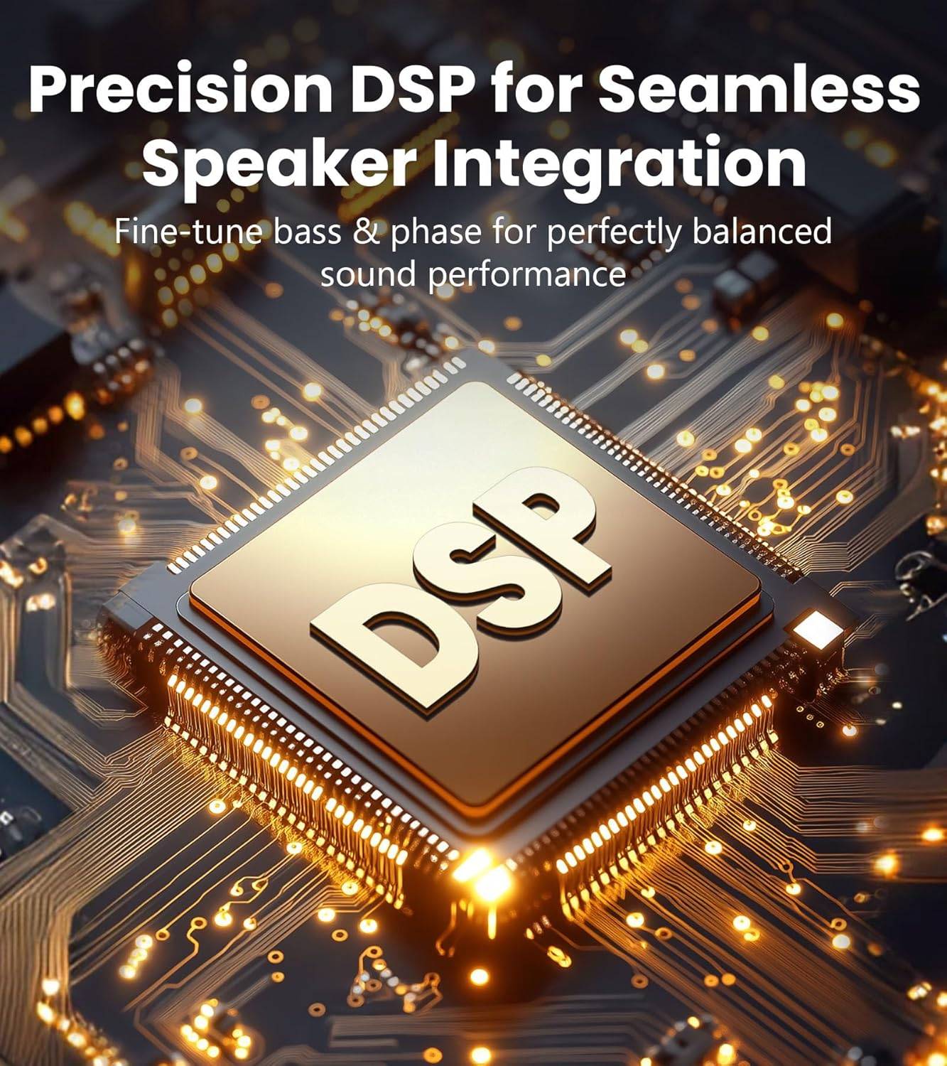 Präzisions-DSP für nahtlose Lautsprecherintegration. Feinabstimmung von Bass und Phase für perfekt ausgewogene Soundleistung. Das Bild zeigt eine Nahaufnahme eines DSP-Chips auf einer Leiterplatte.