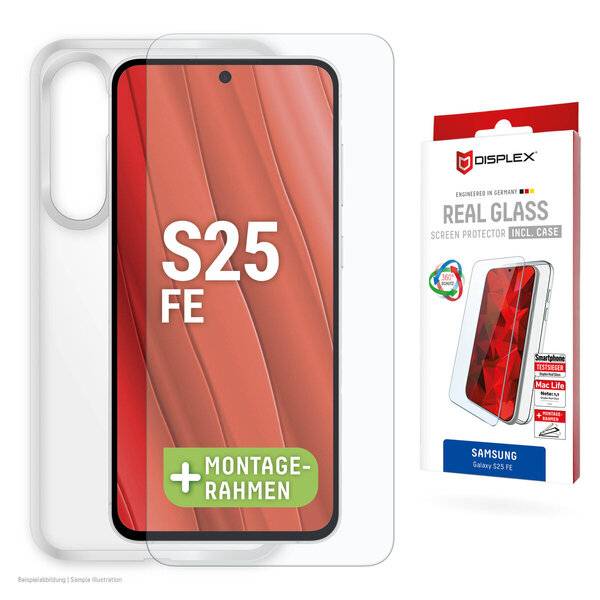 Samsung Galaxy S25 FE klare Displayschutzfolie mit mitgeliefertem Case, gezeigt in der Verpackung und auf einem Phone-Mockup mit 