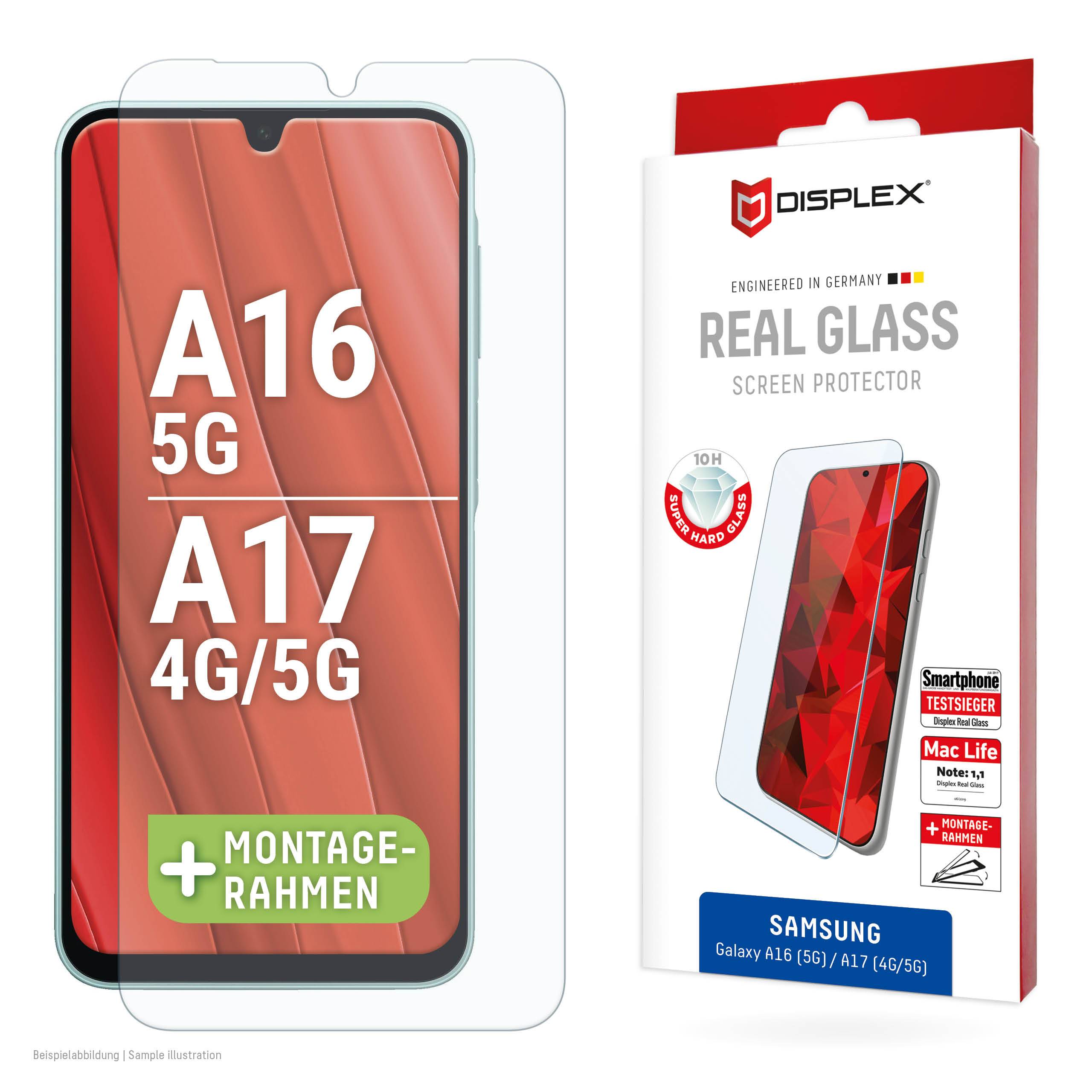 Samsung Galaxy A16/A17 echter Glassbildschirmschutz mit Montagrahmen, gezeigt auf einem Telefon und Produktverpackung.