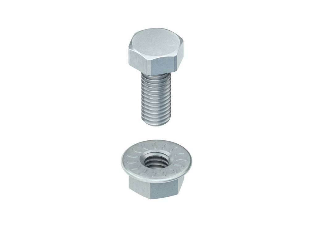 Eine Sechskantschraube und eine passende Sechskantmutter mit einer Unterlegscheibe werden vor einem einfarbigen Hintergrund platziert und zeigen kompatible Hardwarekomponenten.