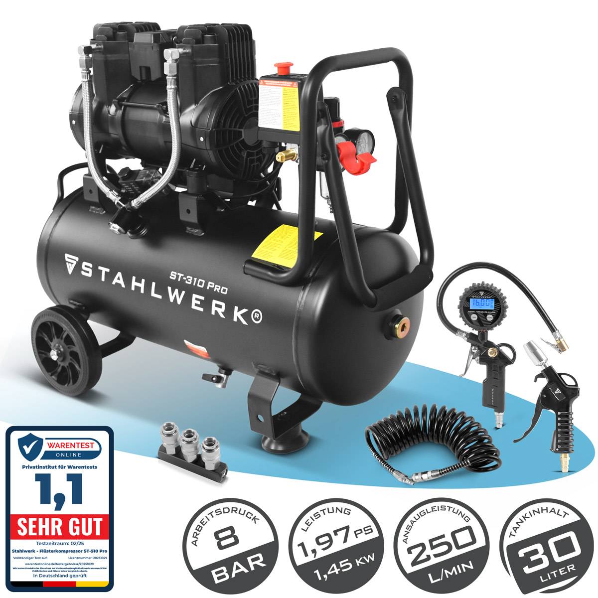 STAHLWERK Kompressor ST-310 Pro Vollausstattung – ölfreier Flüster-Kompressor